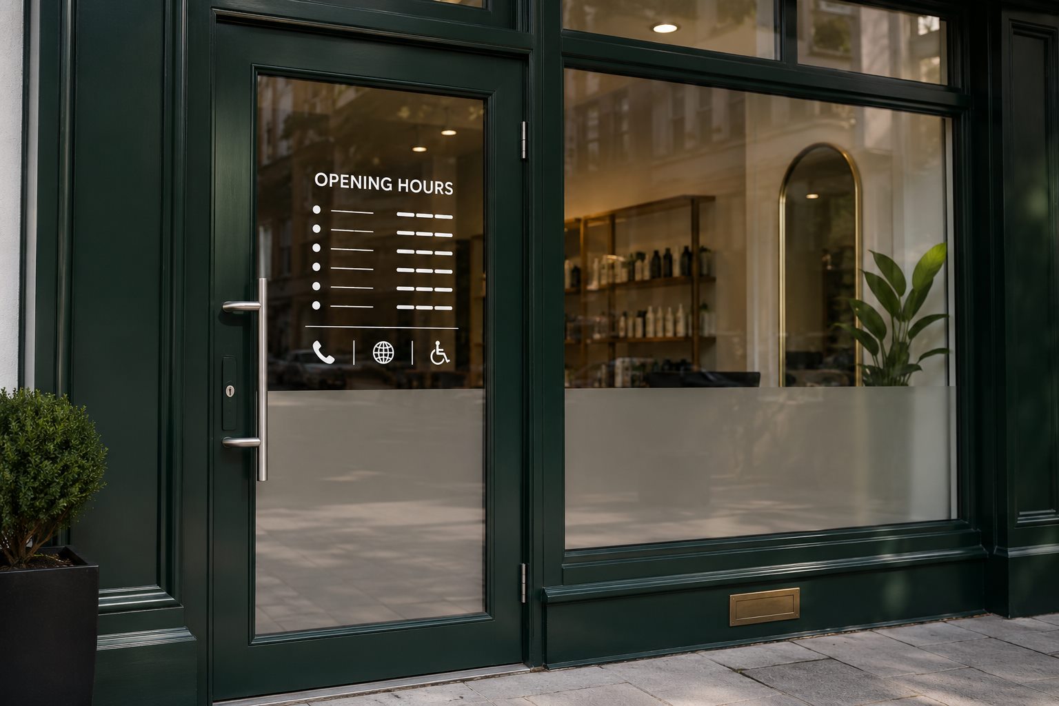 Example showing opening hours lettering above a frosted privacy band on commercial glass