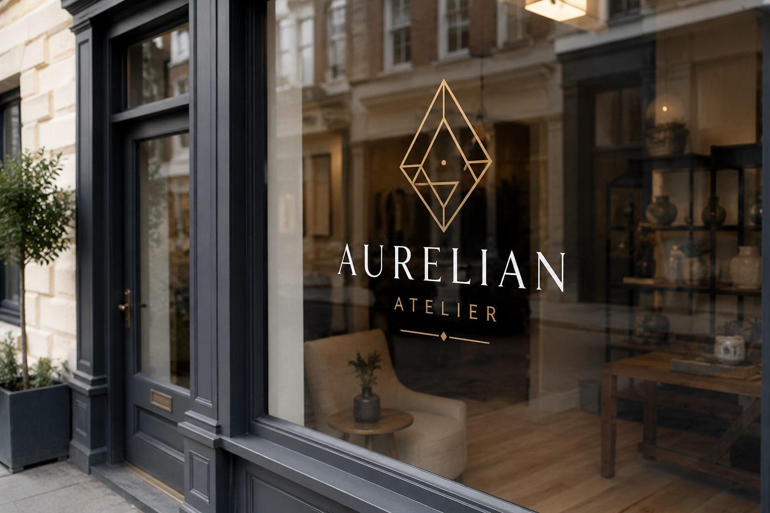 Example showing elegant logo lettering on a retail shopfront window
