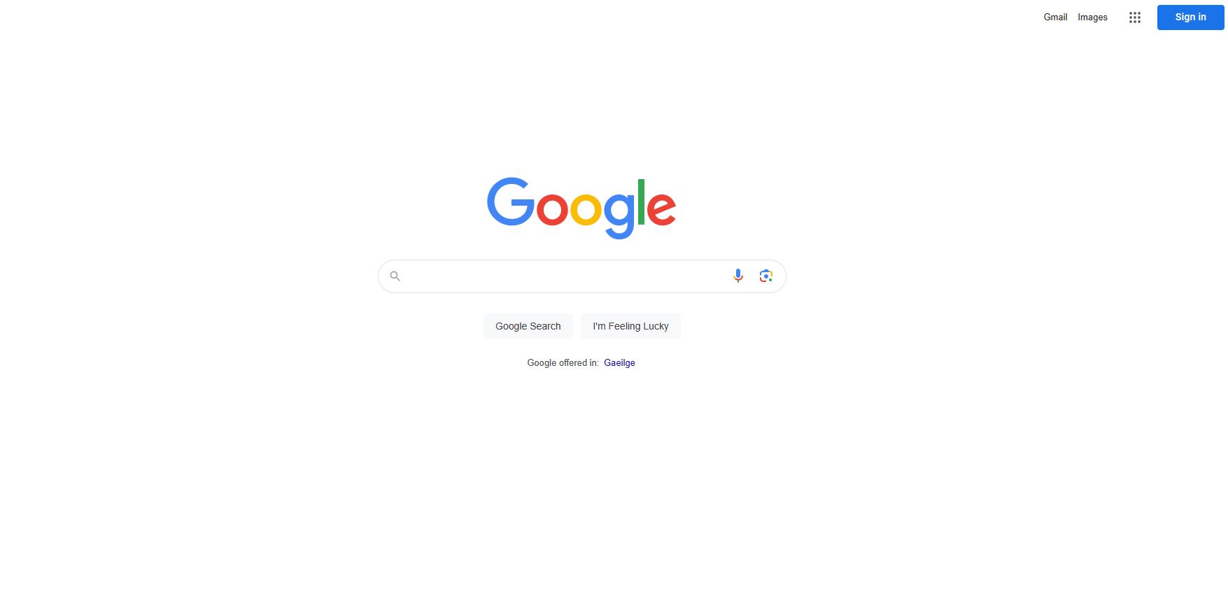 Google&rsquo;s search homepage on a largely white screen