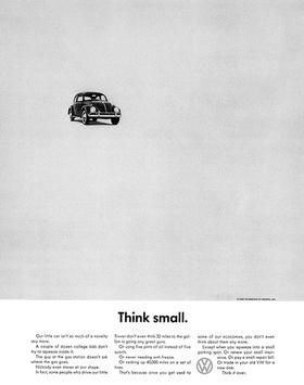 Volkswagen Think Small advertisement with a small car above the headline and copy