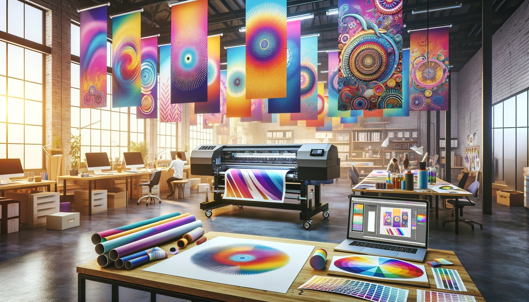 Editorial illustration of a print shop displaying colourful banners and large-format prints