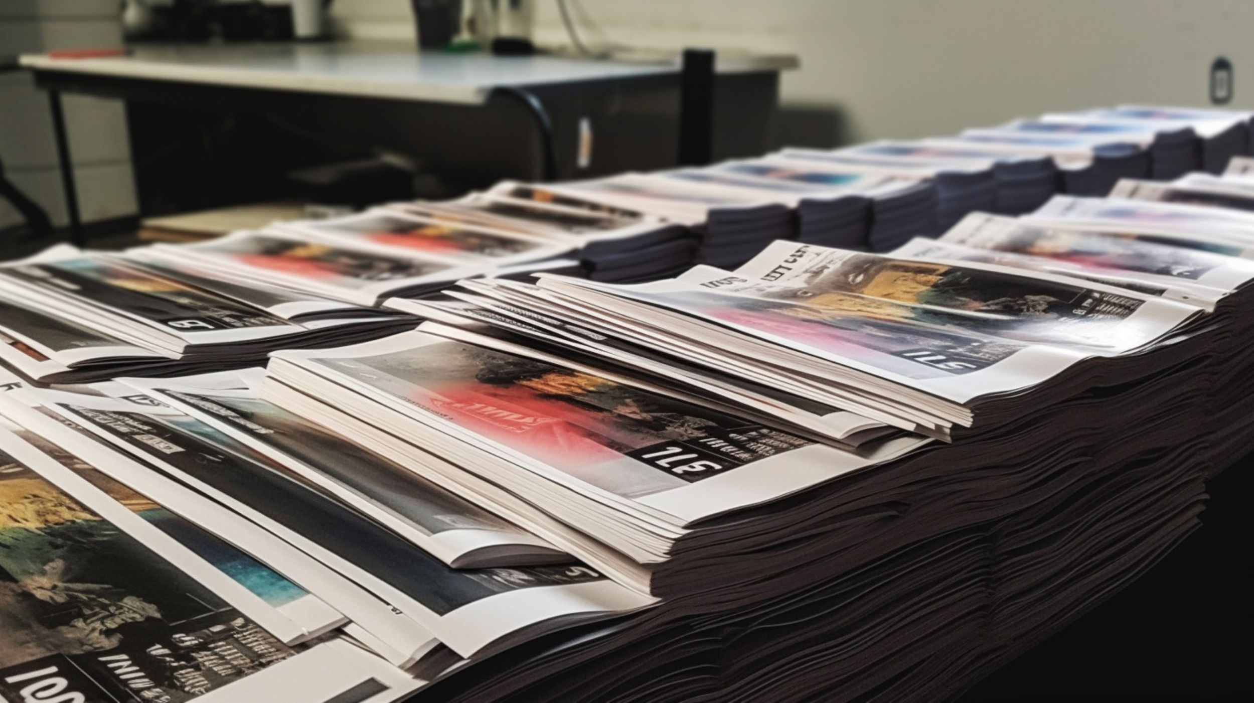 Stacks of printed newspapers and publications on a table