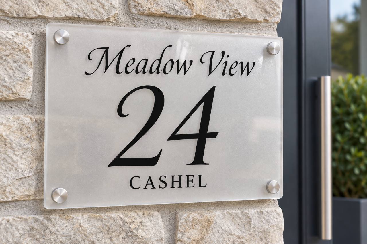 Illustrative clear acrylic house number and name plaque mounted beside an entrance