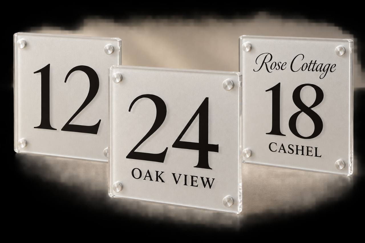 Illustrative selection of clear acrylic house number and name plaque layouts