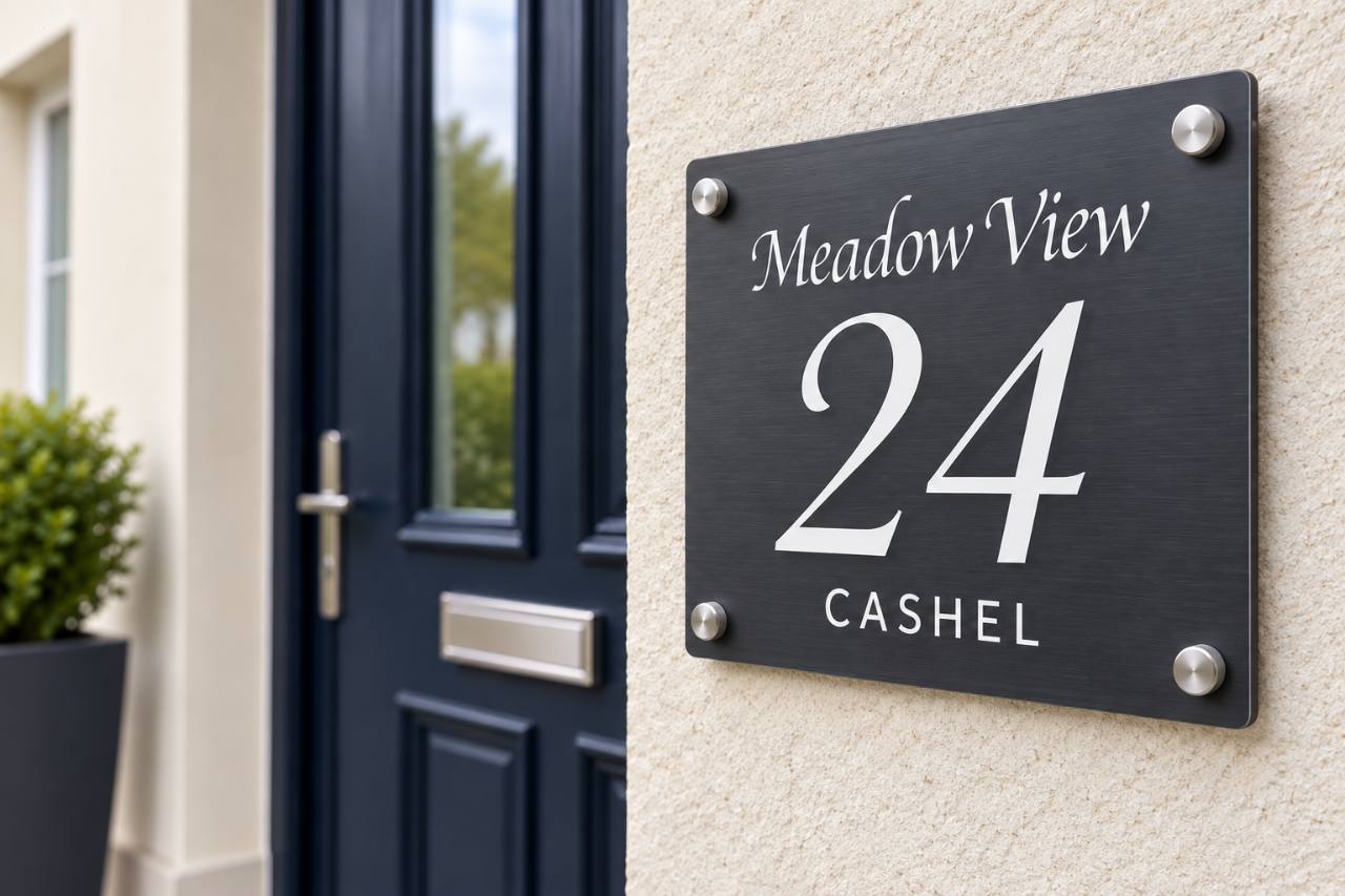 Illustrative dark rectangular house name and number plaque mounted beside a front door