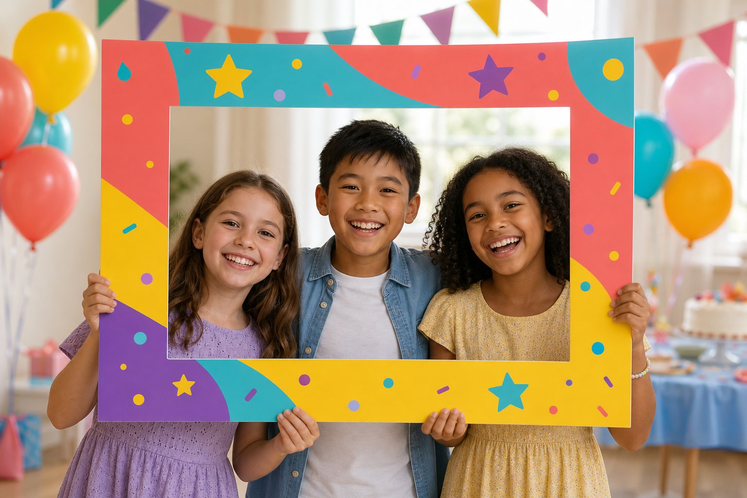 Illustrative children's birthday selfie frame design